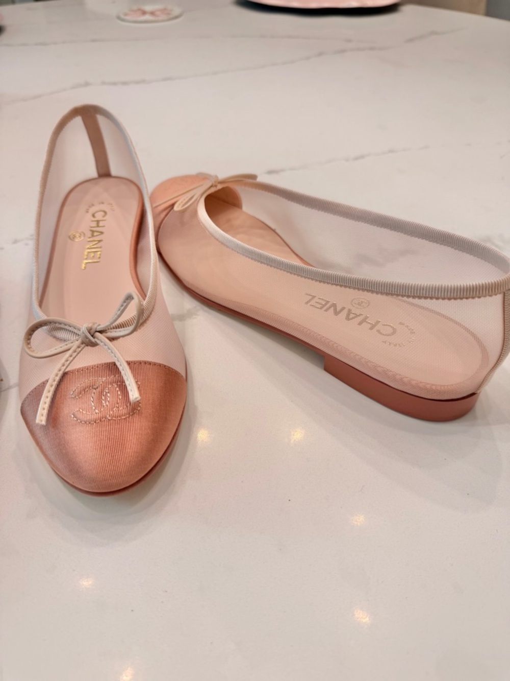 CHANEL Pink Satin Cap-Toe Ballet Flats with Cream Mesh